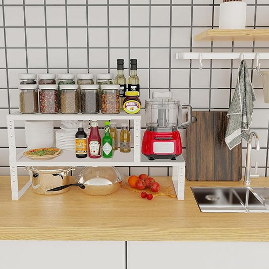 Expandable Cabinet Shelf Organizer Storage Spice Rack Shelves for Kitchen Stackable Adjustable Pantry Cupboard Bathroom Countertop Desktop(2Packs/White/Medium)