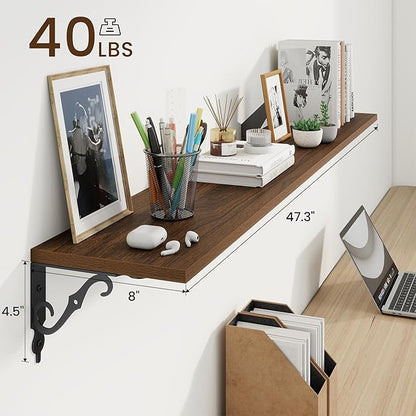 RICHFOCUS Floating Shelves for Wall Decor, 47.3W x 8D Shelves Set of 2, 8 Inch Deep Rustic Wood Shelves Wall Mounted with Brackets, Long Floating Shelves for Living Room Bedroom Kitchen, Walnut