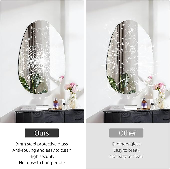 CULER Irregular Bathroom Wall Mirror,24 x 36 Inch Asymmetrical Frameless Vanity Modern Tempered Glass Mirror for Bedroom,Living Room,Entryway