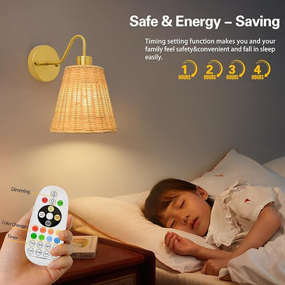 Rattan Rechargeable Battery Operated Wall Sconces Set of 2, Wireless Battery Operated Wall Lights with Remote, 12 Color LED Dimmable 5000mAh Boho Lighting for Bedroom Living Room Hallway