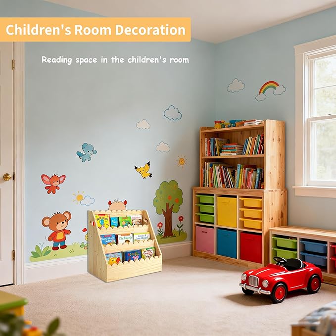 Kids Bookshelf 3-Tier, Solid Wood Bookcase & Montessori Book Display Rack, Open Front Facing Bookshelves for Toddlers, Children's Room, Nursery, Bedroom, Playroom Organizer (Large)