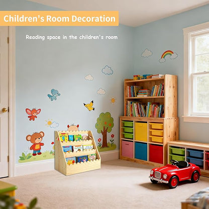 Kids Bookshelf 3-Tier, Solid Wood Bookcase & Montessori Book Display Rack, Open Front Facing Bookshelves for Toddlers, Children's Room, Nursery, Bedroom, Playroom Organizer (Large)