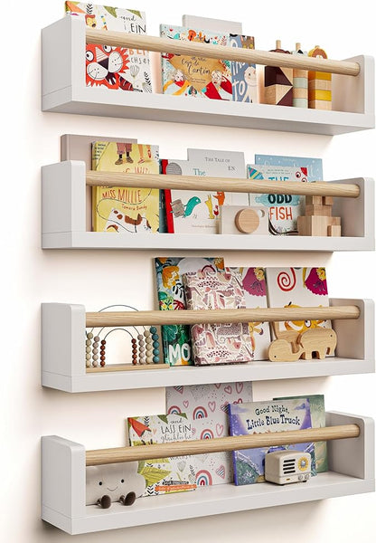 Nursery Book Shelves, 4 Pack, Wall Book Shelves for Kids Room, Baby, Toddler, Nursery Decor (White Wood, 16.6 Inches)