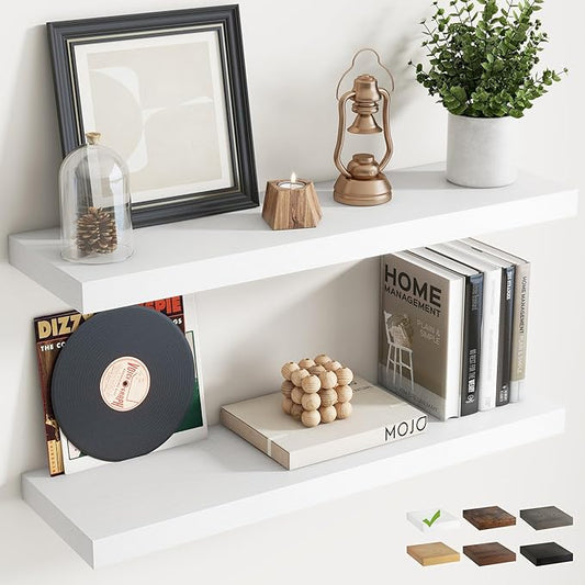 32 Inch Floating Shelves for Wall Set of 2, 8"D Wood Grain Bathroom Shelves with Invisible Brackets, Easy Install Engineered Wood Storage Shelves for Kitchen, Living Room, Bedroom, White Finish