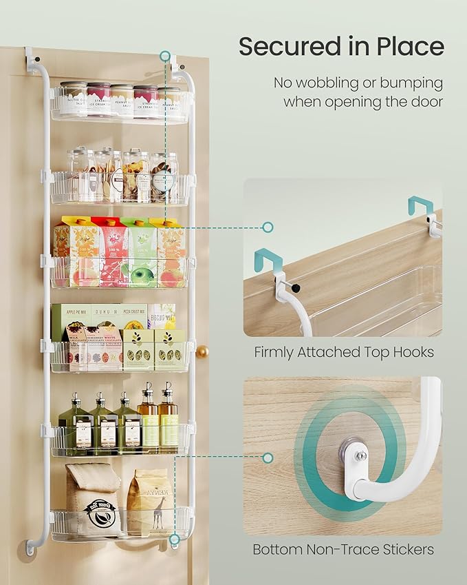 SONGMICS Over the Door Pantry Organizer, 6-Tier Kitchen Pantry Door Organizer with Adjustable Tall Baskets, Hanging Spice Rack, for Bedroom Bathroom Laundry Room, Transparent UKCS046WG01