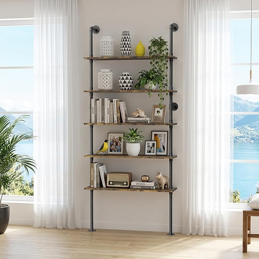 Merapi Rustic Industrial Bookshelf, 78.6" Tall 5-Tier Storage Shelf with Solid Wood & Metal Frame, 9.8" D x 35.4" W for Living Room, Office, Bedroom Farmhouse Display