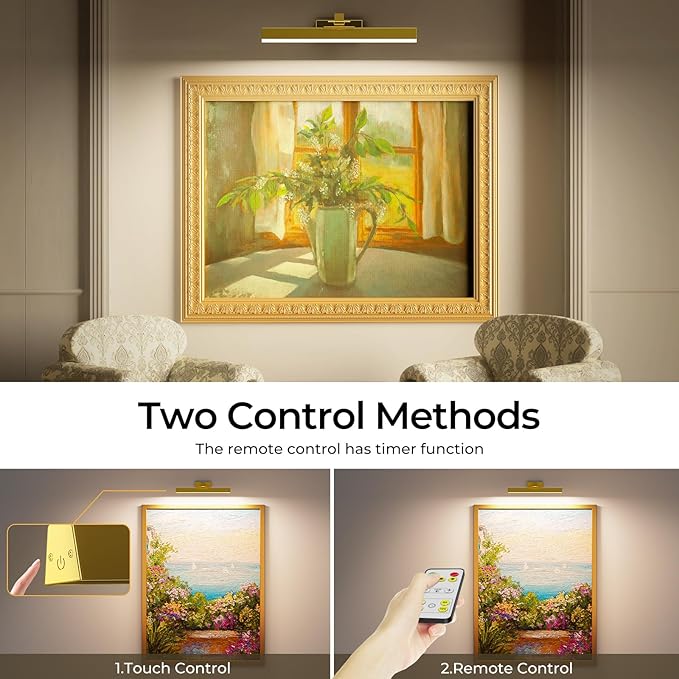 Picture Lights for Wall, Battery Operated Picture Light 16in Art Light CCT Dimmable Recharging Battery Wall Light with Remote Control for Living Room Gallery Gold 2PCS