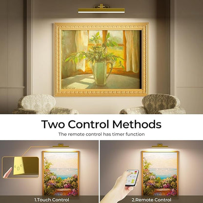 Picture Lights for Wall, Battery Operated Picture Light 16in Art Light CCT Dimmable Recharging Battery Wall Light with Remote Control for Living Room Gallery Gold 2PCS