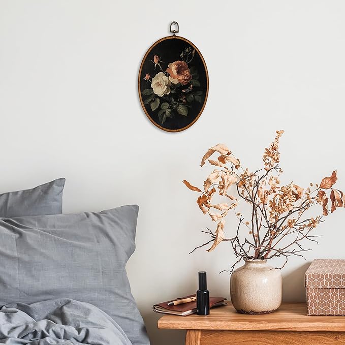 KSDUT Retro Flower Black Wall Art Decor - Botanical Neutral Mid Century Modern Wall Art Canvas Frame Hanging Prints, Vintage Landscape Oval Wall Art Decor for Home Decorations 8.6