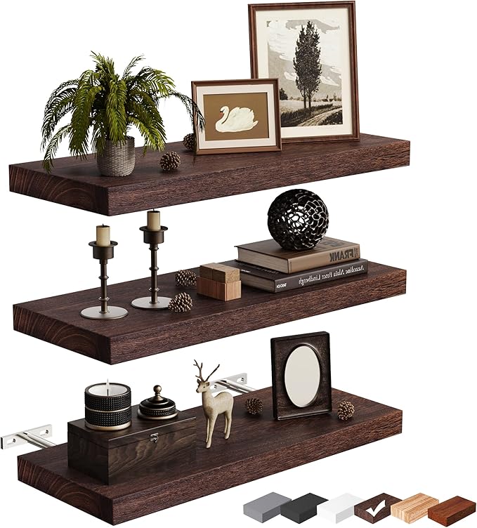 3 Pack Floating Shelves, 16in Brown Paulownia Wood, Rustic Style, Wall Mounted Storage Shelves for Kitchen, Living Room, Bedroom, Bathroom Decor, 75lbs Load Capacity