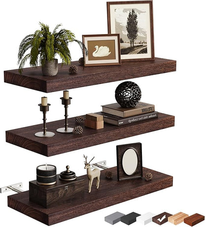 3 Pack Floating Shelves, 16in Brown Paulownia Wood, Rustic Style, Wall Mounted Storage Shelves for Kitchen, Living Room, Bedroom, Bathroom Decor, 75lbs Load Capacity
