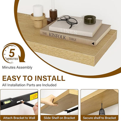 40 Inch Floating Shelves Set of 2, 8 Inch Deep Wall Shelf, Rustic Wood Storage Shelves for Bedroom, Kitchen, Bathroom, Wall-Mounted Shelf with Invisible Brackets for Books|Storage|Decor, Oak