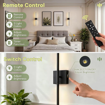 L LOHAS LED Battery Operated Wall Sconces Set of 2, Battery Wall Sconce 10000mAh, Black Rechargeable Sconces 3CCT, 28.1 Inch Wireless Wall Lights, Sconce Wall Decor for Bedroom, Living Room