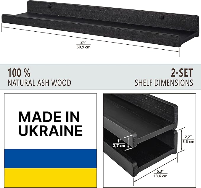 Wood Wedge Floating Shelves for Wall 24 inch, Photo & Picture Ledge, Black Modern Wall Storage Shelves with Lip, Kids Book Shelf, Shelves for Bedroom, Living Room, Bathroom, Kitchen, Set 2