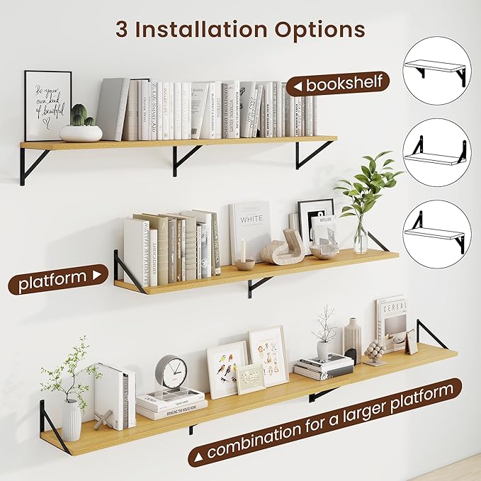 Axeman Deep Floating Shelves | 55 Inch Oak Wall Shelves Set of 2 | 10 Inch Deep Wood Floating Shelves for Wall | 55