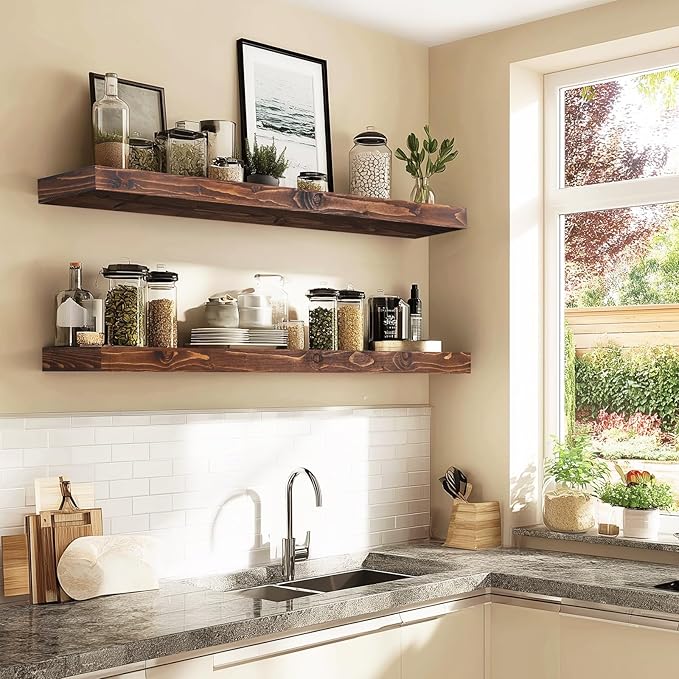 48x6.8x2in Floating Shelf – Natural Brown Solid Wood Rustic Mounted Shelf – Heavy Duty Decorative Storage for Living Room, Kitchen, Bathroom, Bedroom