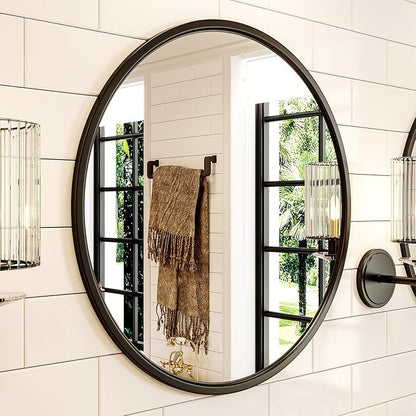 Growsun 24'' Black Round Mirror, Circle Wall Mirror for Bathroom Vanity, Entryway Living Room with Metal Frame for Home Decor