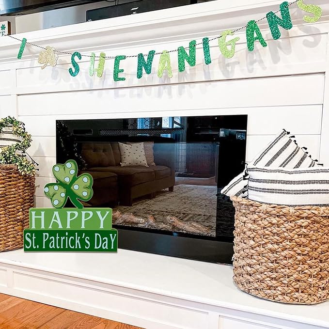 Happy St. Patrick's Day Wood Block Table Sign, Wooden Shamrock Table Top Decorations Tiered Trays Desk Shelf Irish Home Office Coffee Bar Decor 3 Pieces Green