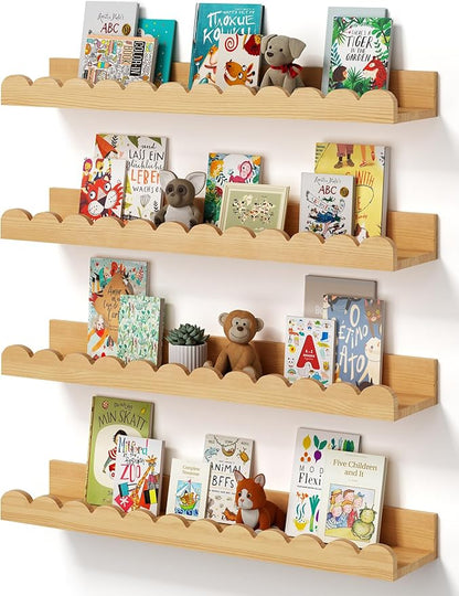 Scalloped Baby Book Shelf,Floating Shelves for Wall Set of 4 Natural Solid Pine Wood Nursery Bookshelves with Wave Lip for Bedroom Kids, Toddler Room, Baby Room, Nursery Decor(Natural,40cm)