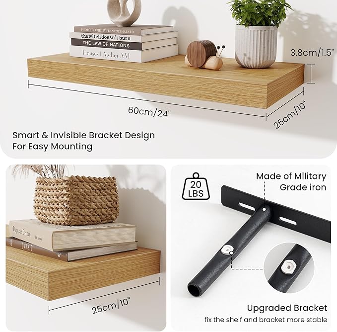 Fun Memories 24 x 10 Floating Shelves Wall-Mounted - Rustic Wood Shelf - 10 Inch Deep Floating Shelves for Wall - Large Storage Shelf for Bathroom - Kitchen & Bedroom - Oak - Set of 2
