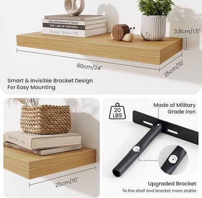 Fun Memories 24 x 10 Floating Shelves Wall-Mounted - Rustic Wood Shelf - 10 Inch Deep Floating Shelves for Wall - Large Storage Shelf for Bathroom - Kitchen & Bedroom - Oak - Set of 2