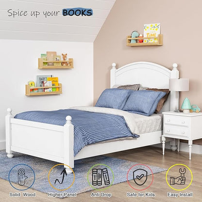 Natural Wood Wall Bookshelf for Kids Bedroom Set of 3, 24 Inch Wooden Floating Nursery Book Shelves for Baby Boy Girl Room, Wall Mounted Toddler Book Shelf for Toy Organizers and Storage