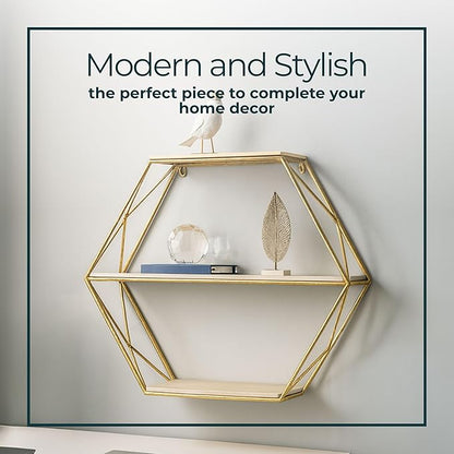 Geometric Decorative Wall Shelf with Gold Finish – 3-Tier Metal & Wood Home Decor Floating Display Shelf – Modern Wall Shelves for Bathroom, Bedroom & Living Room – 24"