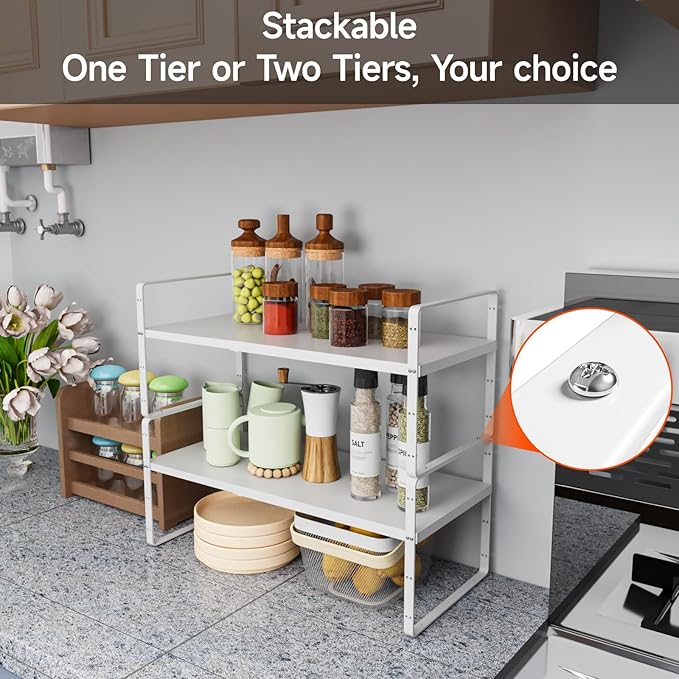 2Pack 16.5-27’’L Expandable Stackable Cabinet Shelves, Adjustable Spice Rack Cabinet Shelf Organizer for Kitchen, Countertop, Pantry and Cupboard, White