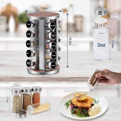 WAYDA Rotating Spice Rack Organizer, 20 Jars Revolving Seasoning Organizer for Cabinet, Stainless Steel Spice Tower for Kitchen Countertop with Reuseable Labels and Funnel