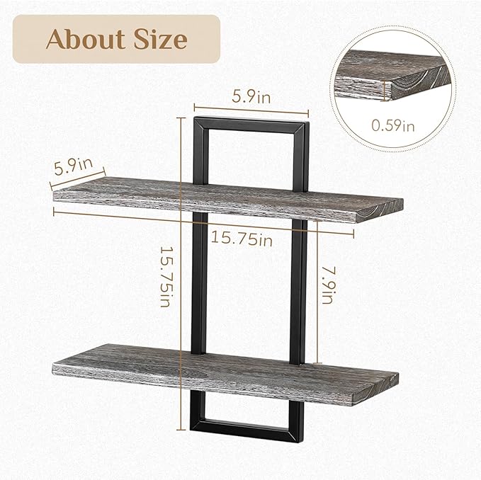 Rustic Wood Floating Shelves - Farmhouse Wooden Wall Shelves Organizer with Sturdy Metal Frame for Living Room Bedroom