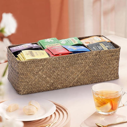 ELLDOO Coffee Pod Holder, Large Capacity Coffee Pod Organizer for K Cup Nespresso Pods, Hand-Woven Seagrass Storage Basket, 3-Section Wicker Baskets for Shelves Closets, Coffee