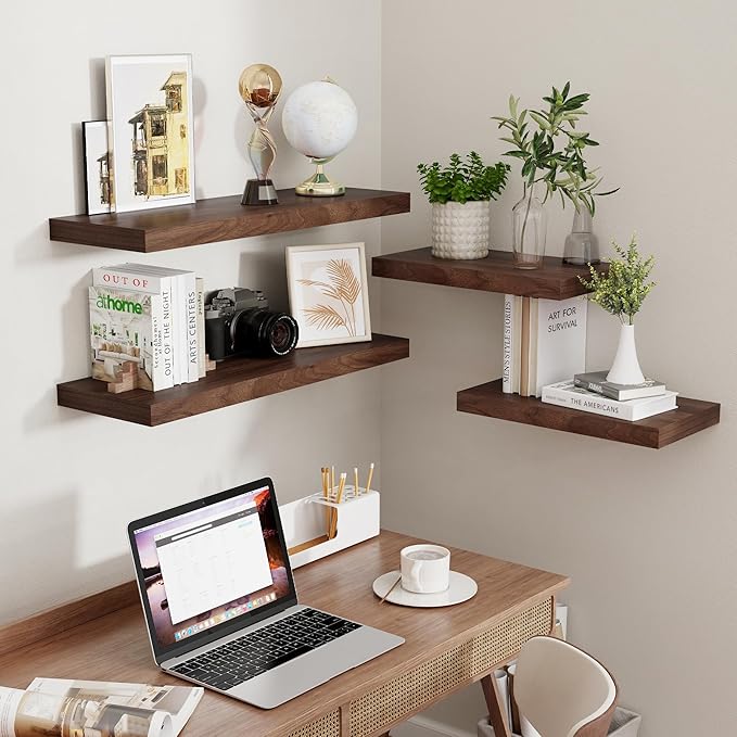 Fun Memories 16 Inch Long Floating Shelves, 9.3 Inch Deep Floating Shelf for Wall, Living Room, Kitchen, Rustic Deep Wood Shelves for Bathroom, 2 Pack Storage Display Shelf for Books, Decor, Walnut