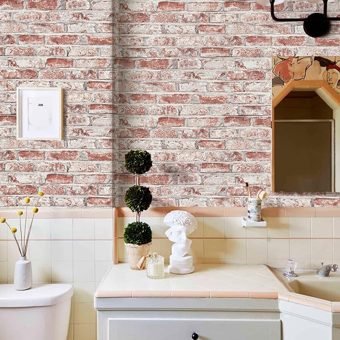 Sevalo Red Brick Wallpaper Peel and Stick Contact Paper for Walls 3D Faux Brick Contact Paper Self-Adhesive Removable Wallpaper for Bedroom Kitchen Backsplash Dorm Room Fireplace Accent 17.3inW 197inL