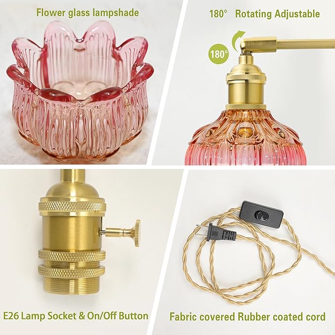 Plug in Wall Sconces,Plug in Wall Lamp, Vintage Wall Light with Pink Tulip Glass Lampshade, 3-Way Dimmable with Dual Switches, No Wiring Needed for Bedroom Wall Decor and Hallway