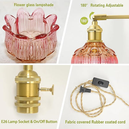 Plug in Wall Sconces Set of 2, Plug in Wall Lamp, Vintage Wall Light with Pink Tulip Glass Lampshade, 3-Way Dimmable with Dual Switches, No Wiring Needed for Bedroom Wall Decor and Hallway