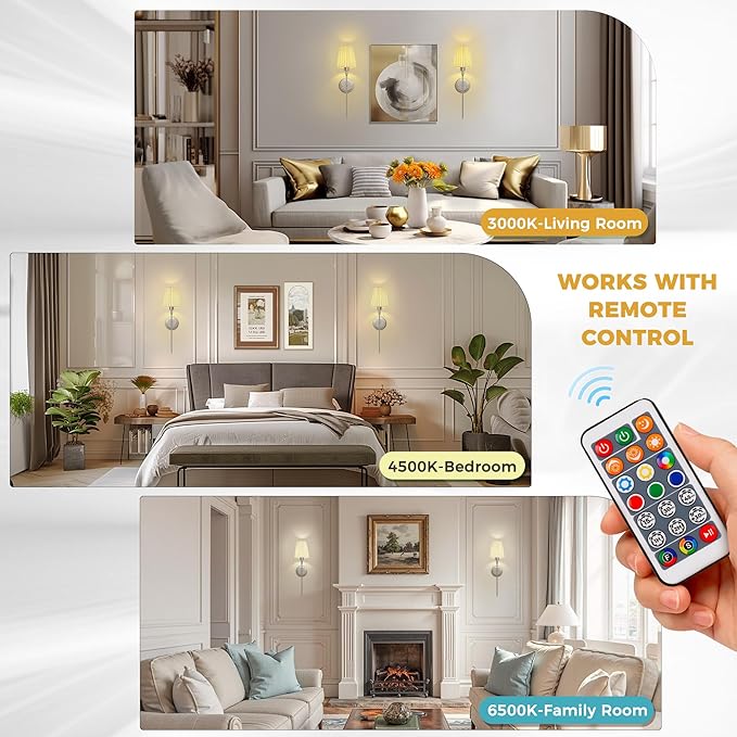 DORESshop Battery Operated Wall Sconce Set of 2, 10 Color Wireless Wall Light Easy to Install, Sconce Wall Decor Set of 2 for Bedroom, Living Room, Pleated Fabric Shade, Nickel, 24.6in