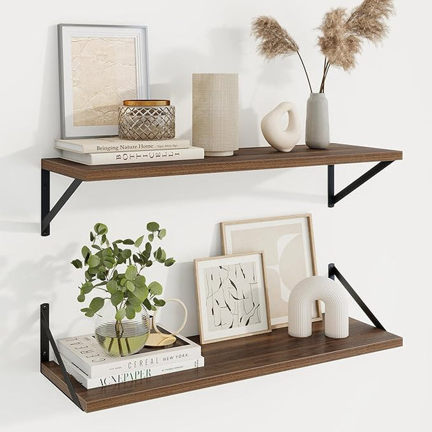 Axeman 30 Inch Floating Shelves | 10 Inch Deep Walnut Wall Shelves Set of 2 | 30" W x 10" D Walnut Floating Shelves for Living Room Bathroom Kitchen