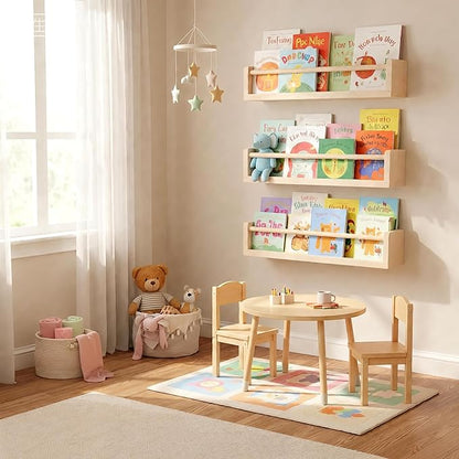 Set of 3 Kids Floating Bookshelves Natural – 24 Inch Wall Mounted Nursery Book Shelves with Safety Rail – Ideal Storage & Display Shelf for Nursery, Bedroom, and Playroom