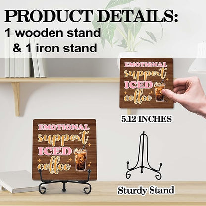 Coffee Bar Decor, Farmhouse Kitchen Table Decor, Coffee Station Accessories, Wooden Decorative Sign with Iron Stand for Table Desk Shelf Display-E30