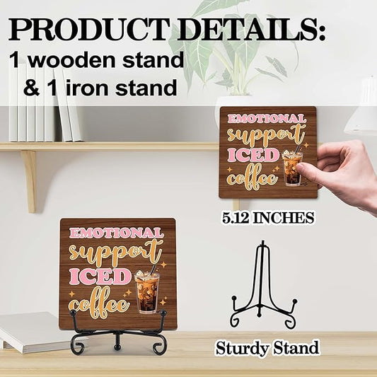 Coffee Bar Decor, Farmhouse Kitchen Table Decor, Coffee Station Accessories, Wooden Decorative Sign with Iron Stand for Table Desk Shelf Display-E30