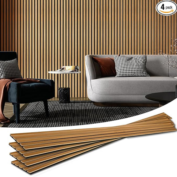 Art3d 4-Pack Acoustic Wood Slat Wall Panels for Interior Decor, 3D Fluted Sound Absorbing Wood Paneling for Accent Wall Ceiling Kitchen Living Room Bedroom Office, 94.5 x 7.9 inch Warm Teak