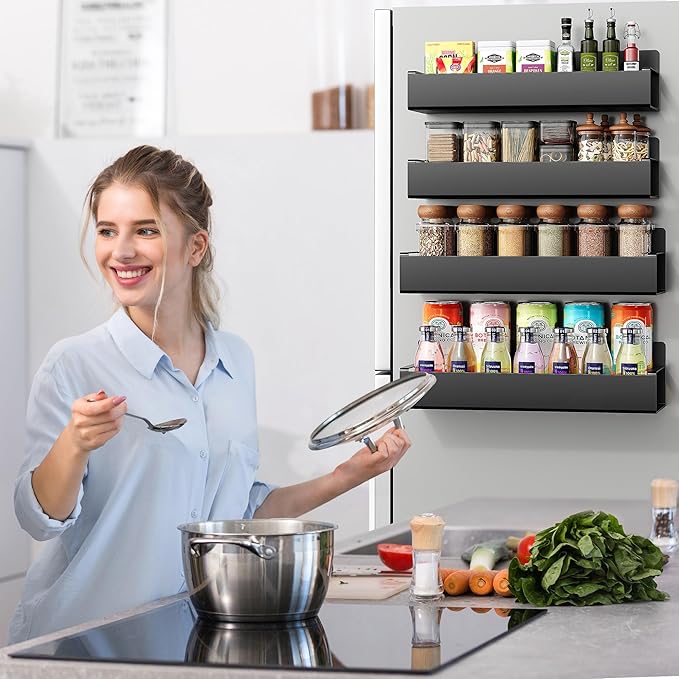 4 Pack Moveable Fridge Magnetic Spice Racks,Metal Black