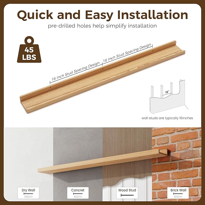 Picture Ledge Shelf | 48 Inch Floating Shelves Set of 2 | Natural Wood Wall Shelves with Lip | Wooden Picture Shelf for Wall with Ledge | Photo Ledges