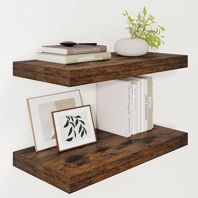 Vivelove 12" Deep Floating Shelves Over Toilet, 24" Wall Shelves for Bathroom Bedroom Kitchen Living Room Laundry Room, Farmhouse Rustic Shelves for Home Decor, 24" X 12" X 2" Set of 2, Rustic Brown
