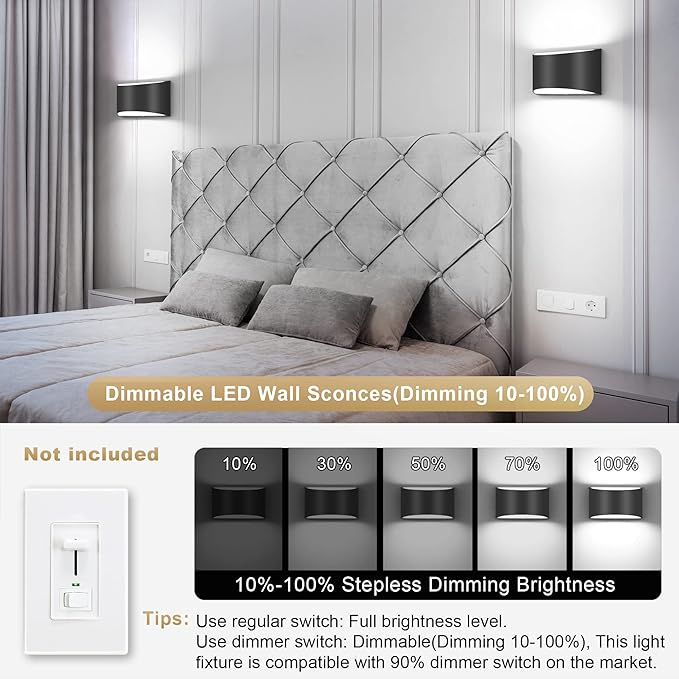 TRLIFE Modern Wall Sconces, 3000K/4000K/6000K Selectable and Dimmable LED Wall Sconce 12W Aluminum Wall Mounted Light Hardwired Wall Sconces for Bedroom Bedside Living Room Hallway(Black, 1 Pack)