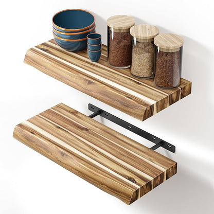 BATODA 17” Acacia Live Edge Floating Shelves, Wooden Floating Shelves for Wall - Set of 2 Floating Book Shelves, Book Shelf for Wall - Mounted Shelf, House Decor with Hardware (Natural Color)