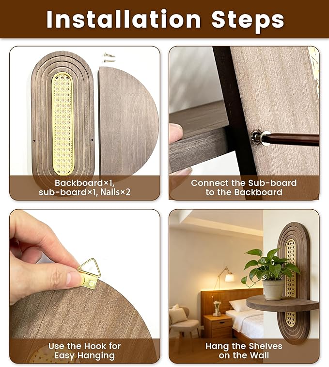 Wooden Arched Floating Shelf, Natural Wood Shelves, Boho Rattan Wall-Mounted Shelf for Bedroom, Living Room, Bathroom, Nursery and Home Office, Decorative Book and Plant Display
