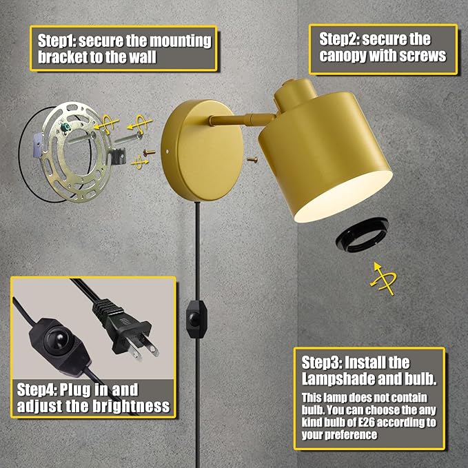 Lightess Plug in Wall Sconce with Switch, Dimmable Wall Lamp Plug in 350° Rotatable, Gold Wall Mounted Light for Restaurants Living Room Bedroom Stairway((Bulb Not Included)