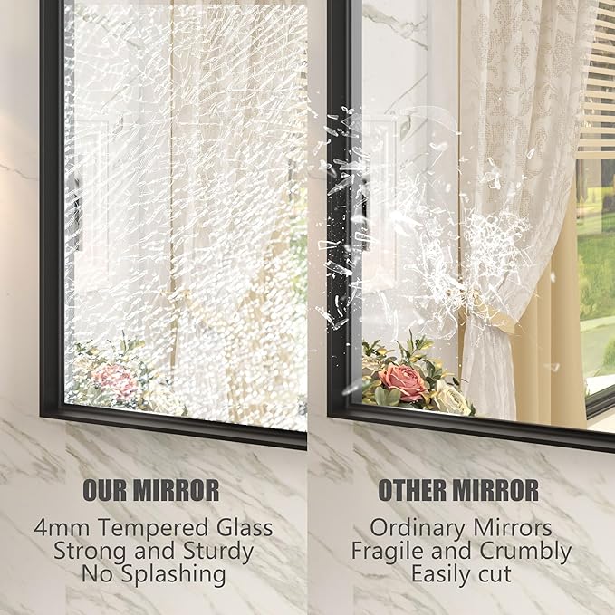 40x36 Inch Black Metal Framed Bathroom Mirror for Wall, Matte Black Rectangle Mirror with Square Corner, Anti-Rust, Shatterproof (Horizontal/Vertical)