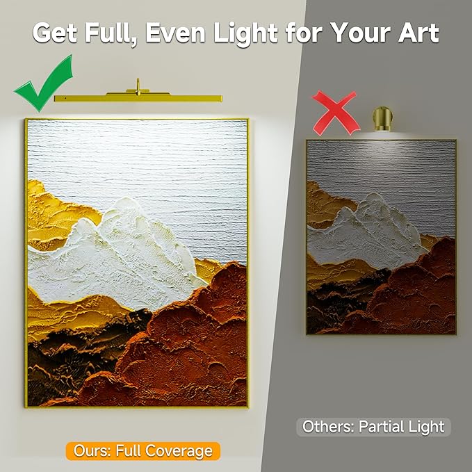 Gallery Picture Light, 6000mAh Gold Rechargeable Cordless Art Wall Sconce,Wireless Battery Remote Dimmable with Time Setting Lighting for Portrait Museum(24 in, 2 Pack)